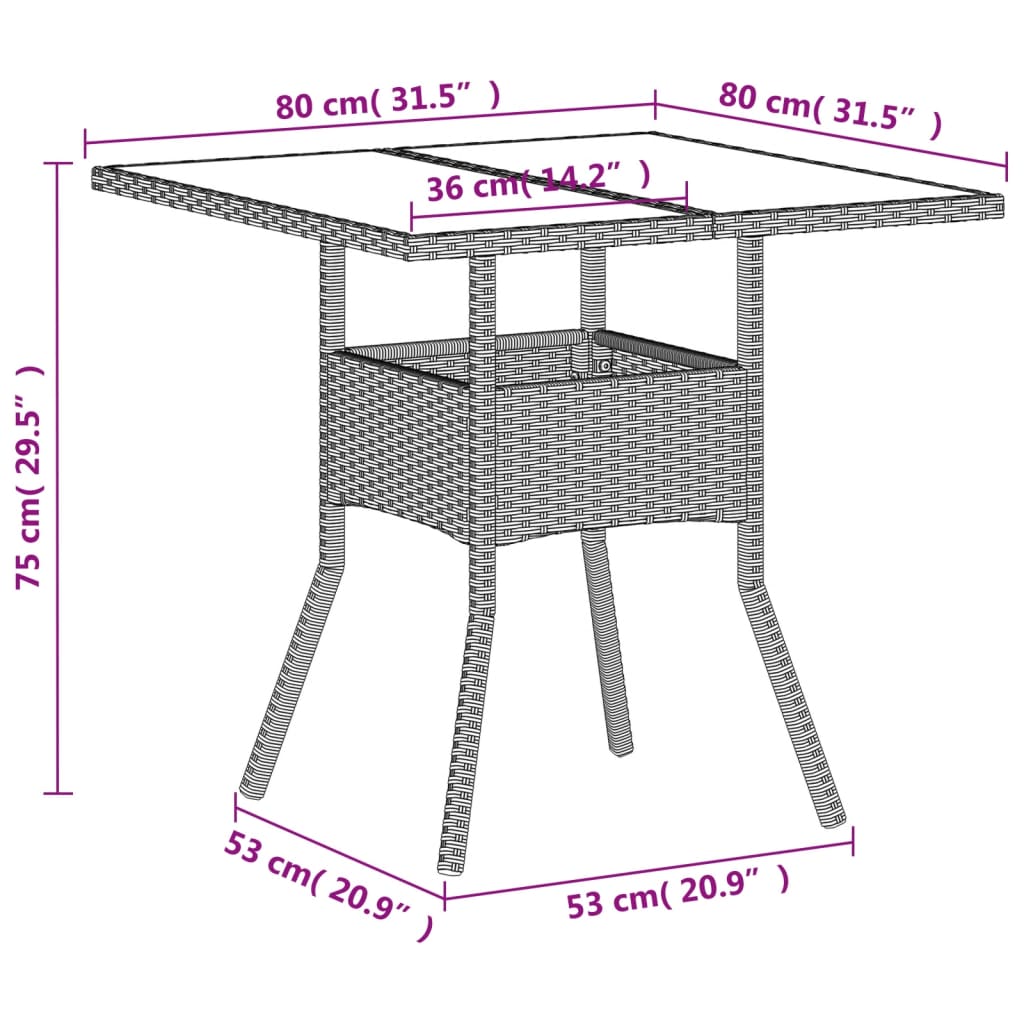 vidaXL Zahradní stůl skleněná deska světle šedý 80x80x75 cm polyratan