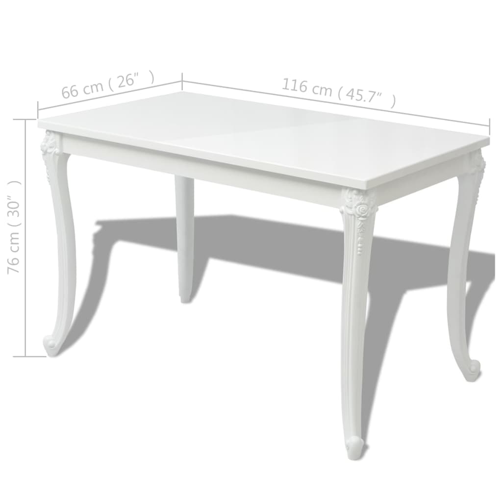 vidaXL Jídelní stůl 116 x 66 x 76 cm vysoký lesk bílý
