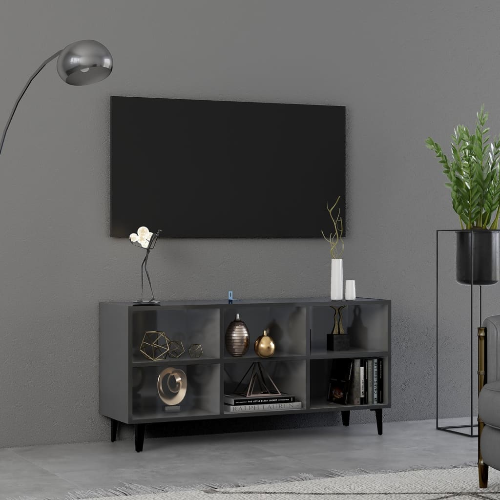 vidaXL TV stolek s kovovými nohami šedý vysoký lesk 103,5 x 30 x 50 cm