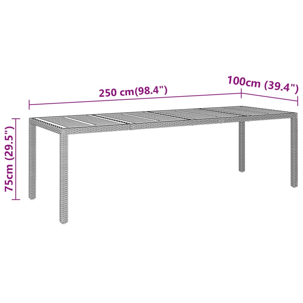vidaXL Zahradní stůl 250x100x75 cm akáciové dřevo a polyratan černý