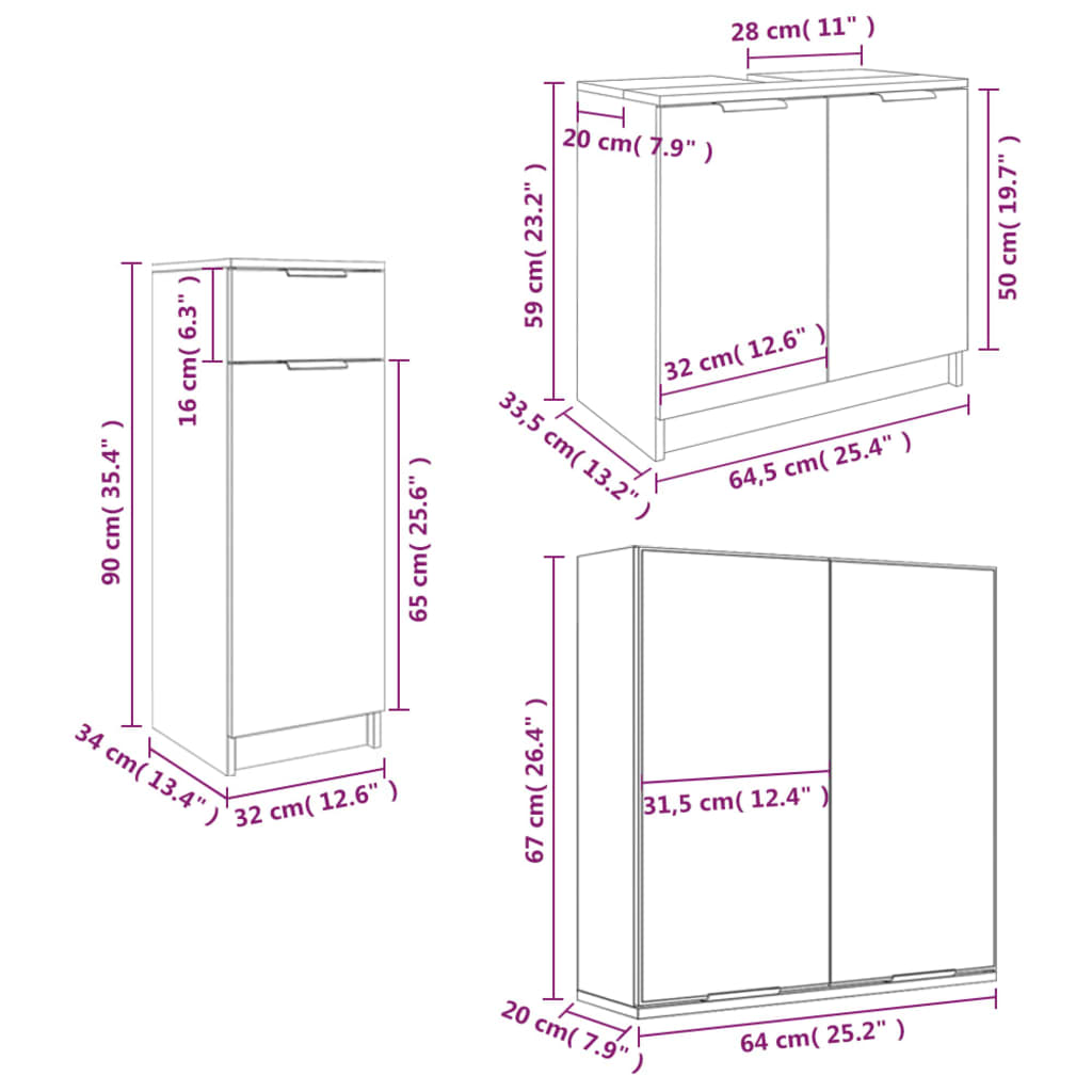 vidaXL 3dílný set koupelnových skříněk lesklý bílý kompozitní dřevo