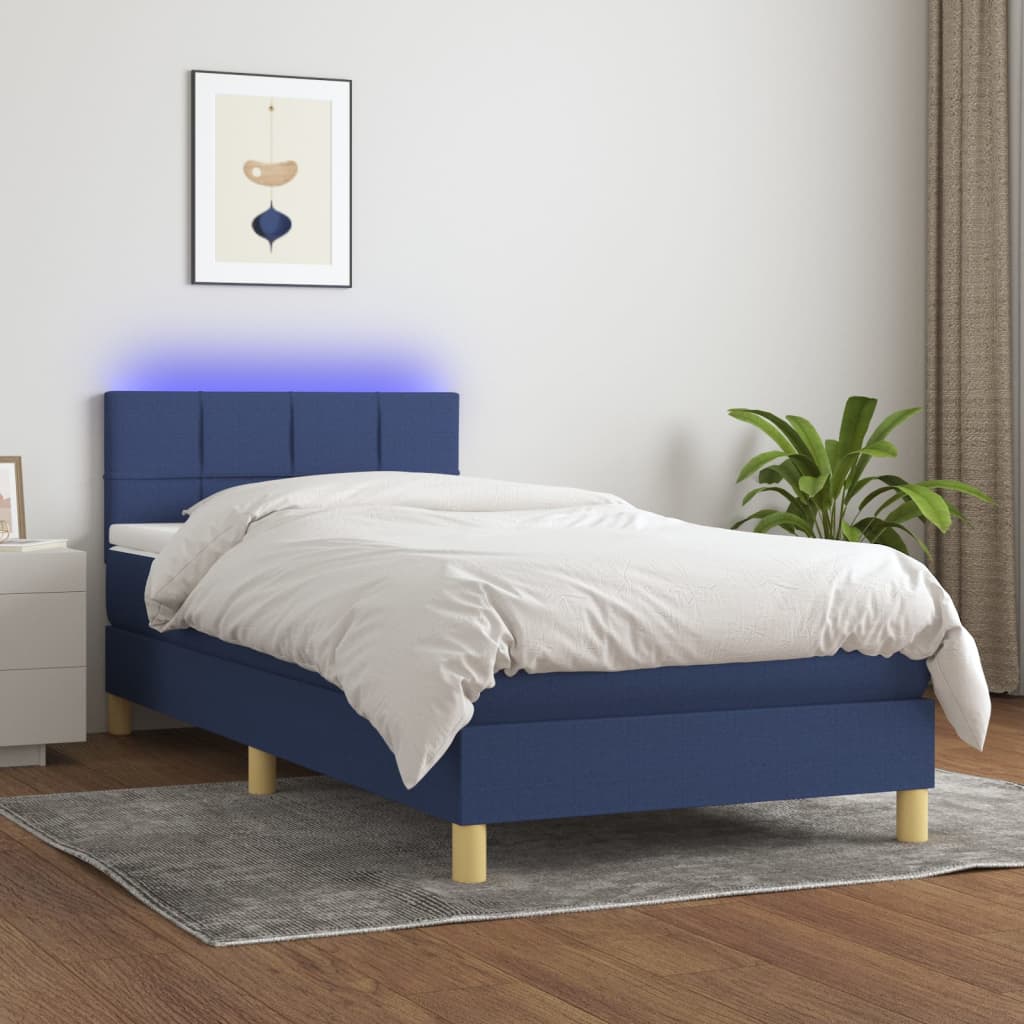 vidaXL Box spring postel s matrací a LED modrá 100x200 cm textil