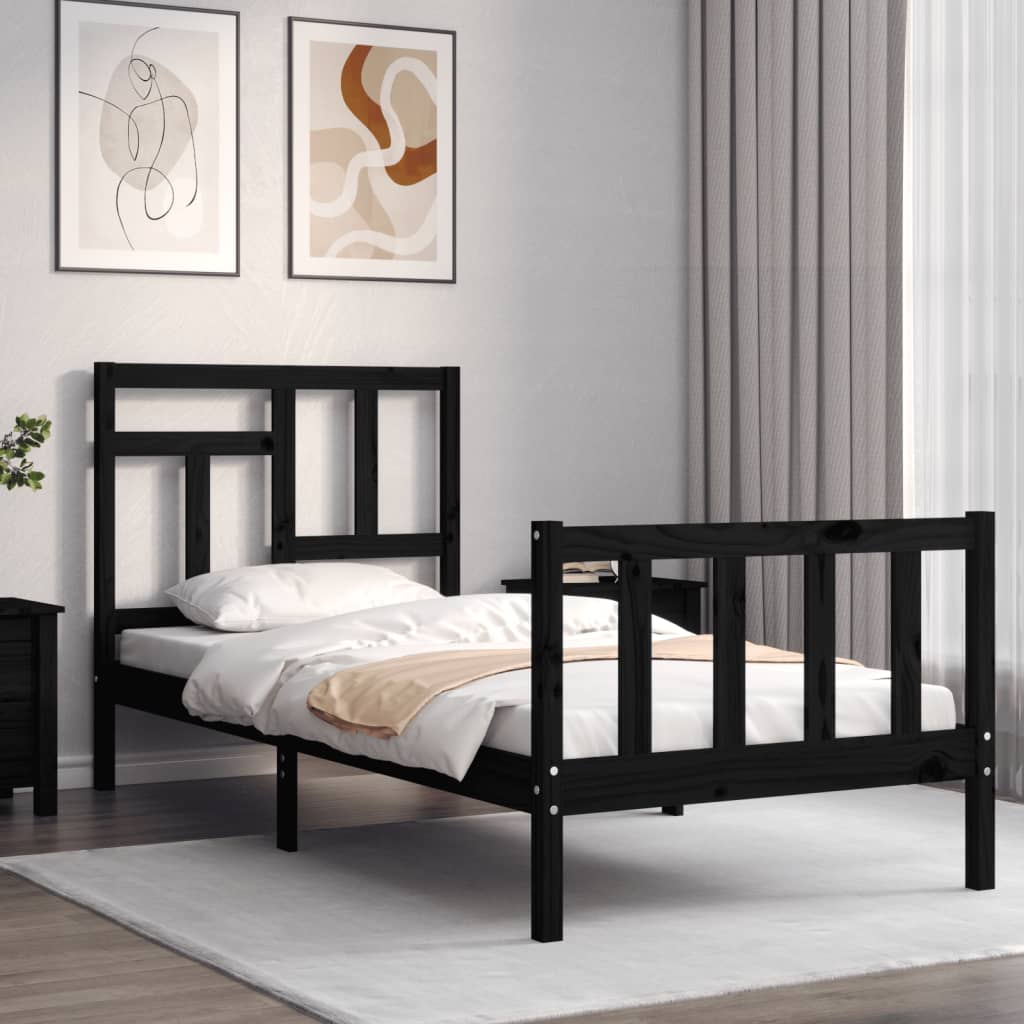 vidaXL Rám postele s čelem černý Single masivní dřevo