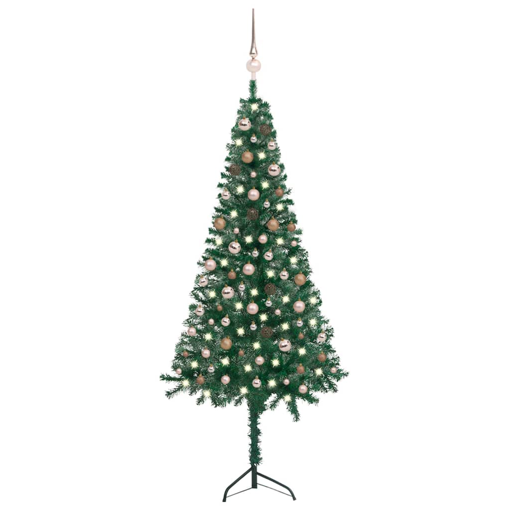 vidaXL Rohový umělý vánoční stromek LED a sada koulí zelený 210 cm PVC
