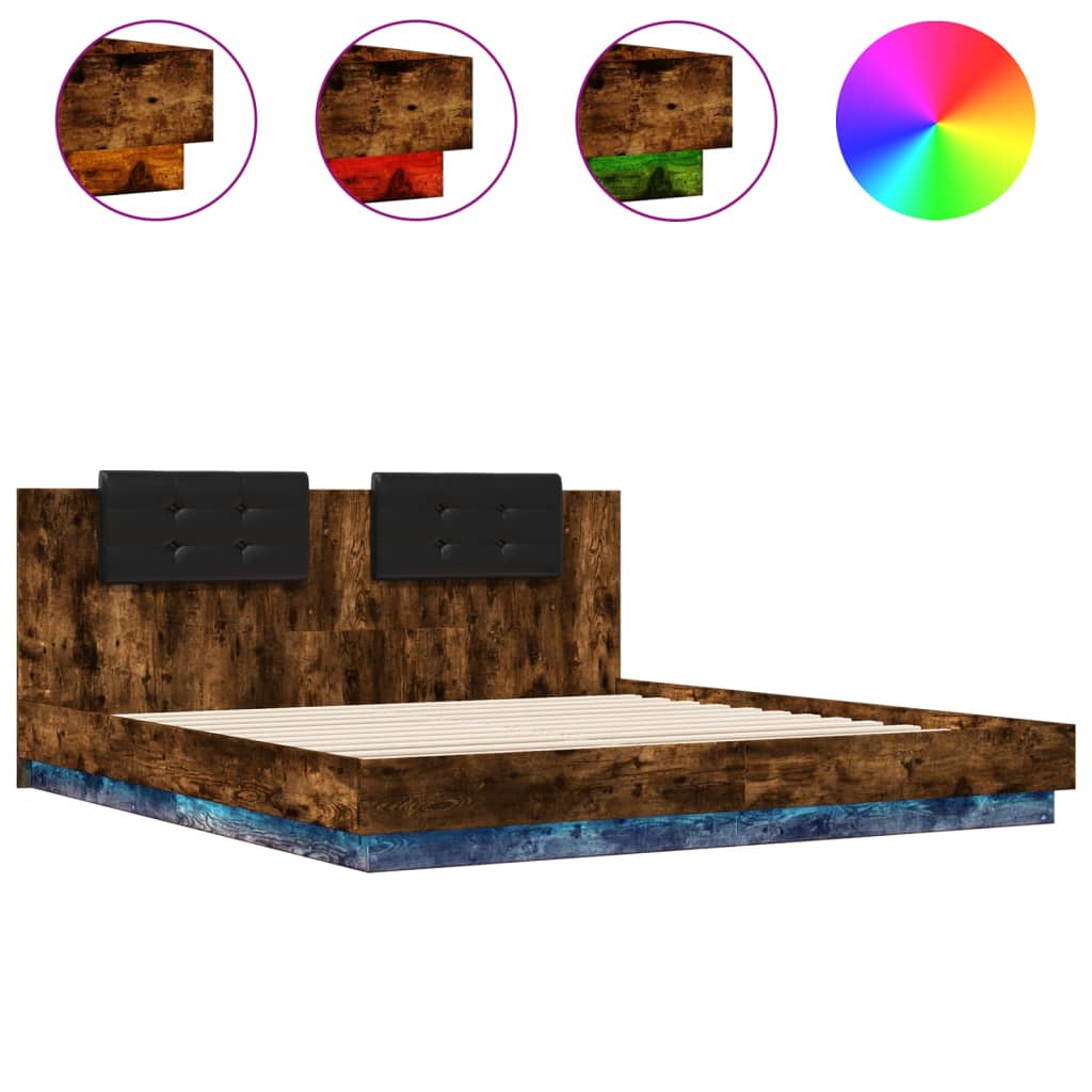 vidaXL Rám postele s čelem a LED osvětlením kouřový dub 180x200 cm