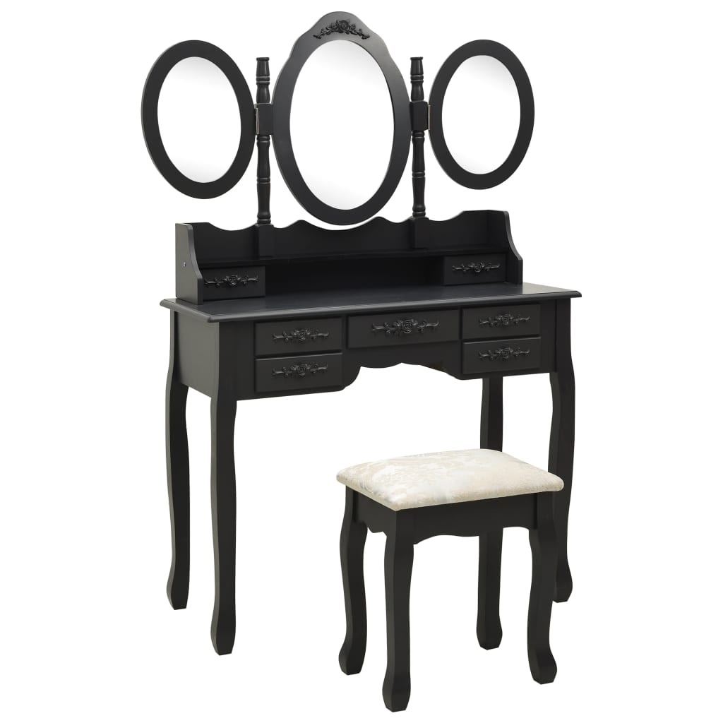 vidaXL Toaletní stolek se stoličkou a 3dílné skládací zrcadlo černý