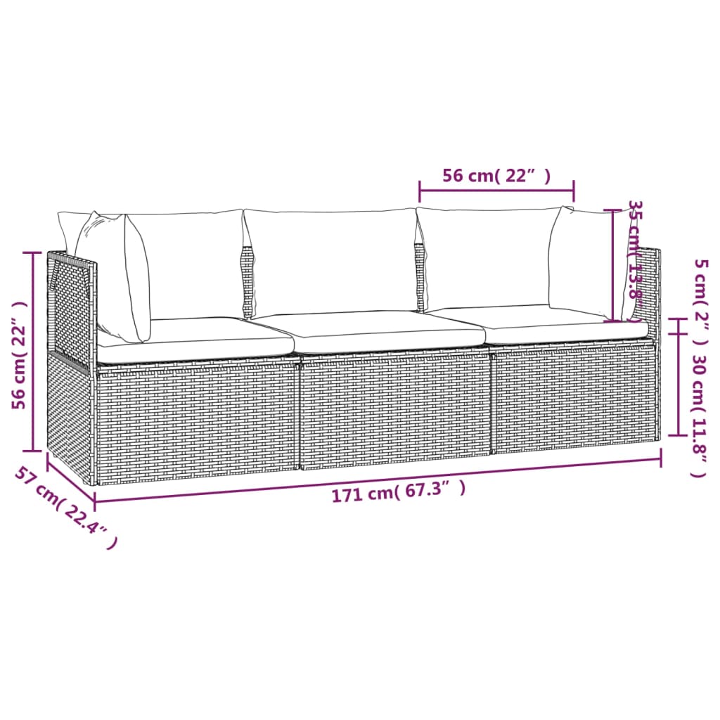 vidaXL 3dílná zahradní sedací souprava s poduškami šedá polyratan