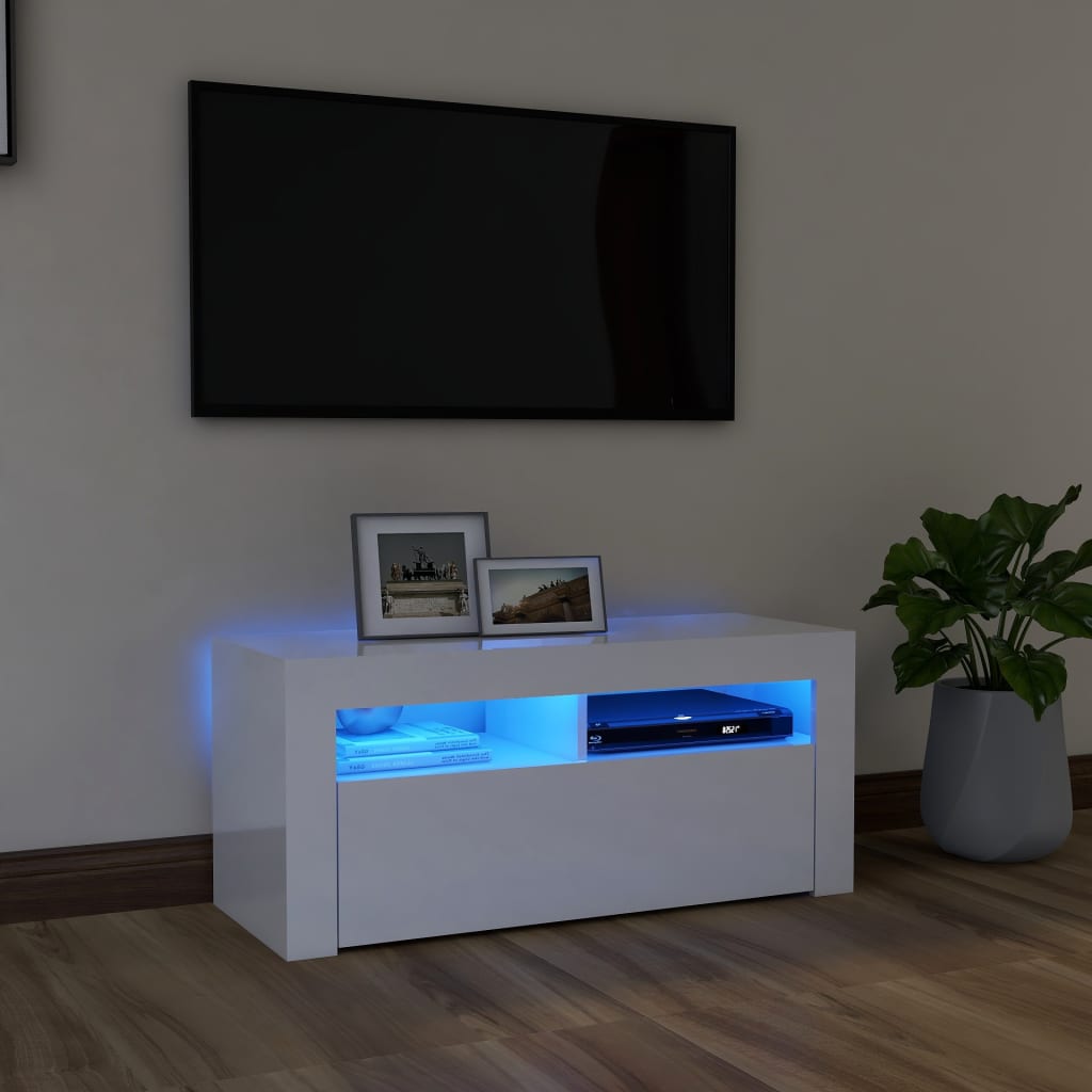 vidaXL TV skříňka s LED osvětlením bílá s vysokým leskem 90x35x40 cm