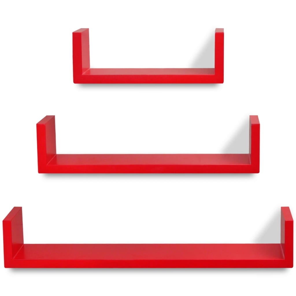 3 červené nástěnné plovoucí MDF police ve tvaru U na knihy a DVD