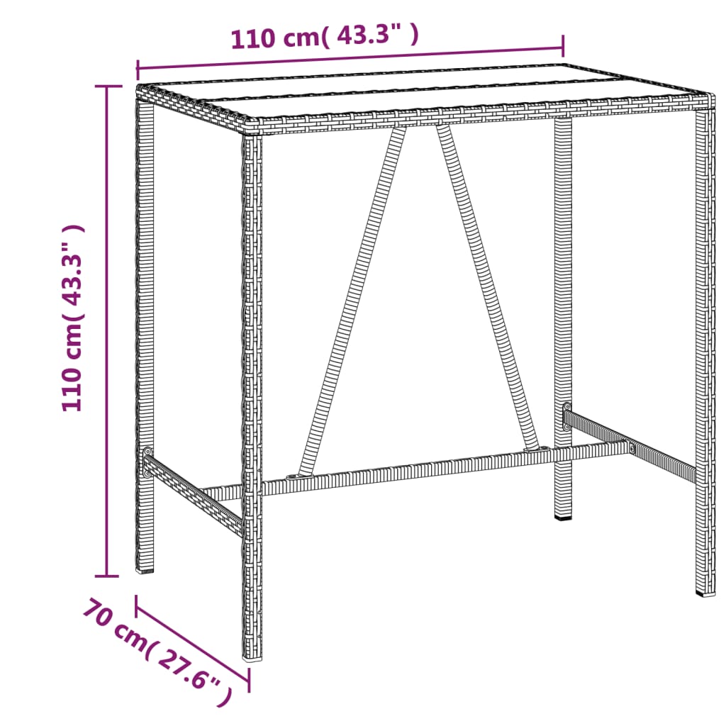 vidaXL Barový stůl se skleněnou deskou šedý 110x70x110 cm polyratan