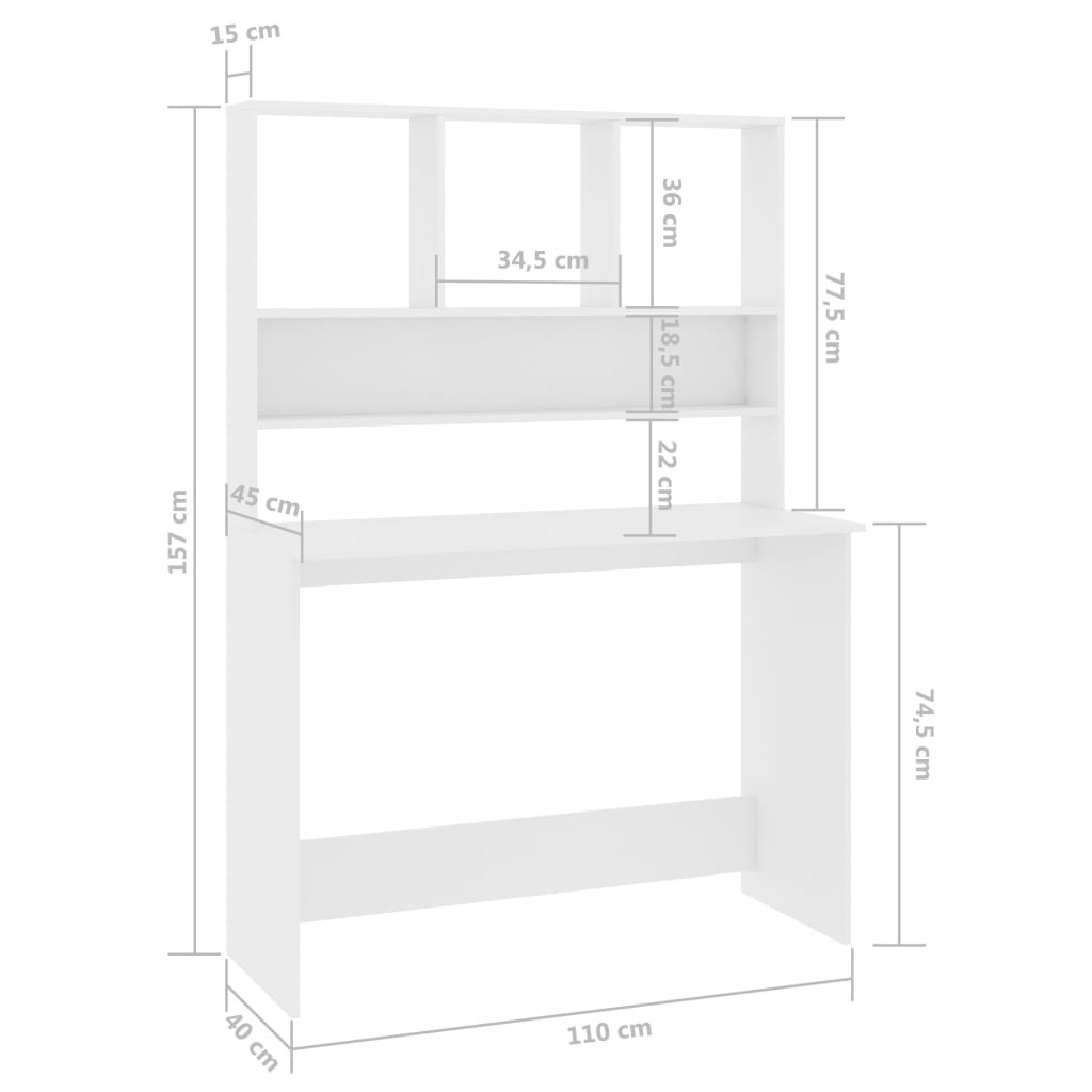vidaXL Psací stůl s policemi bílý 110 x 45 x 157 cm dřevotříska