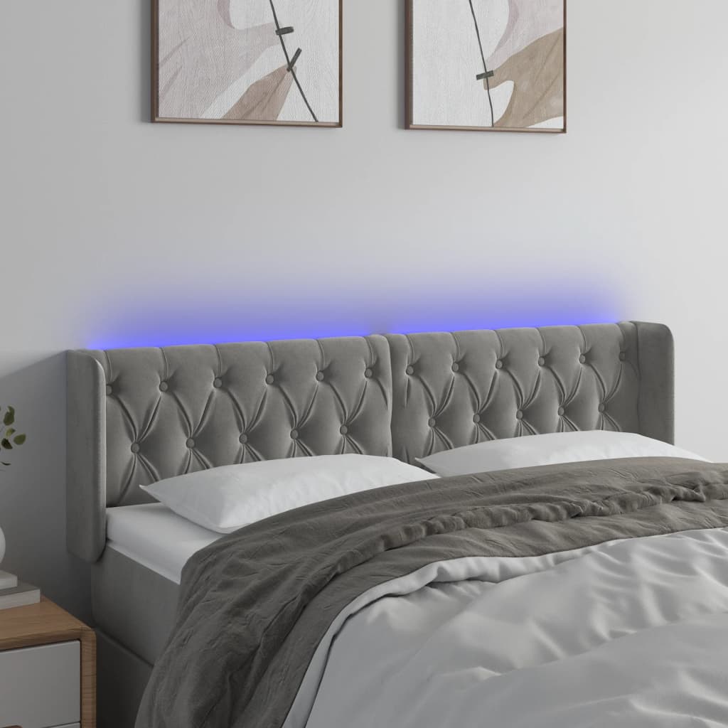 vidaXL Čelo postele s LED světle šedé 163 x 16 x 78/88 cm samet