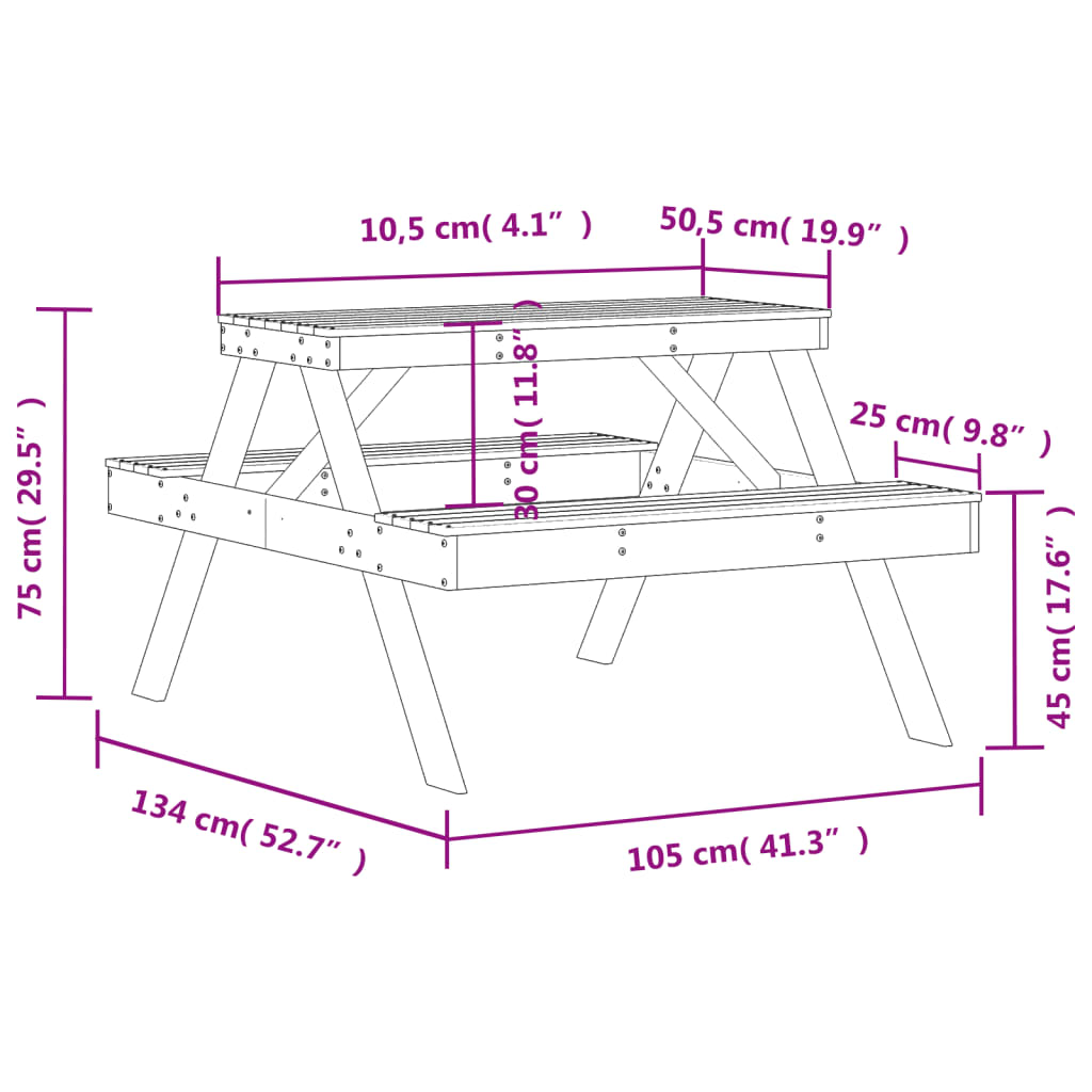 vidaXL Piknikový stůl 105 x 134 x 75 cm impregnovaná borovice