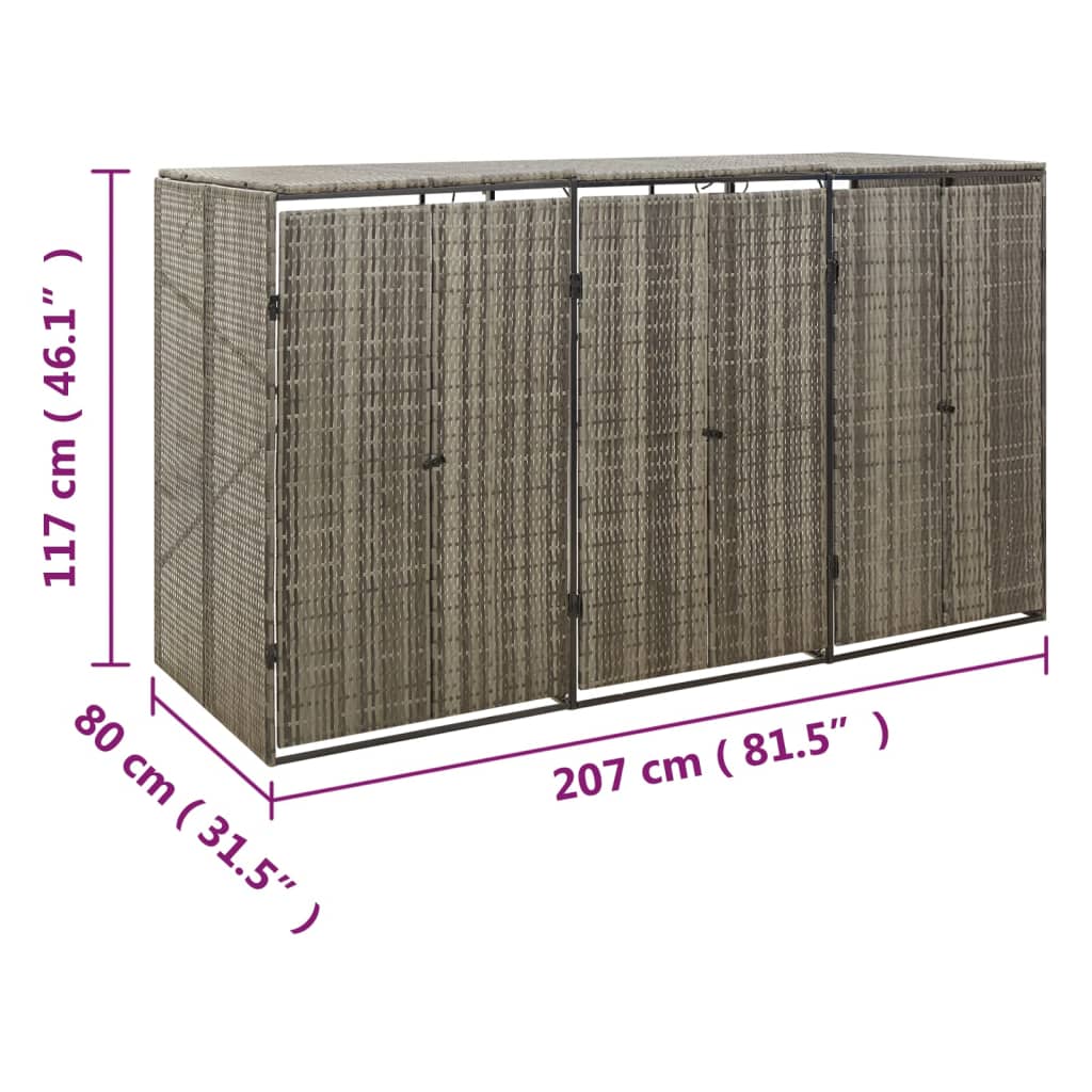 vidaXL Přístřešek na tři popelnice šedý 207 x 80 x 117 cm polyratan