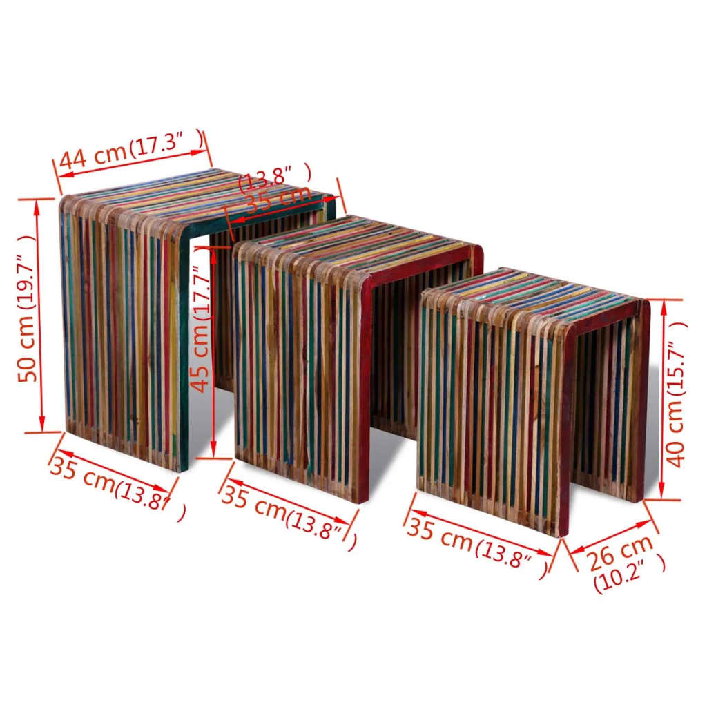 Dřevěné stolky vnořené z barevného rekultivovaného teaku sada 3 ks