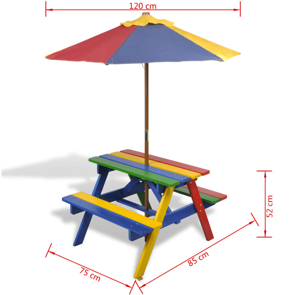 vidaXL Dětský piknikový stůl, lavičky a slunečník vícebarevný dřevo