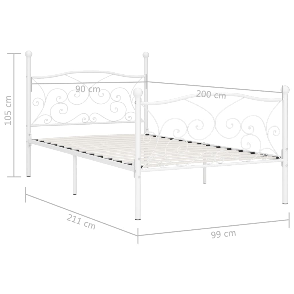 vidaXL Rám postele s laťkovým roštem bílý kov 90 x 200 cm
