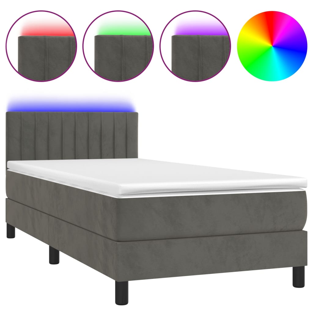vidaXL Box spring postel s matrací a LED tmavě šedá 100x200 cm samet