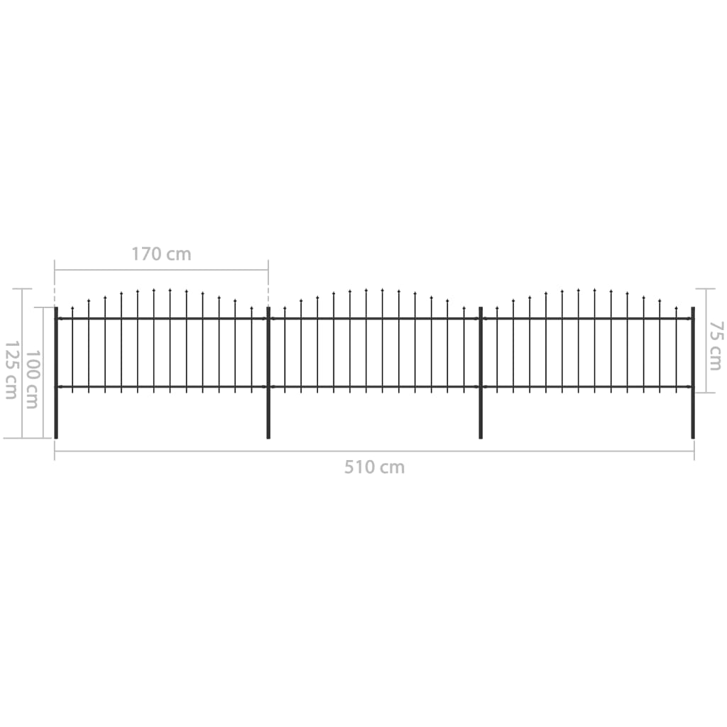 vidaXL Zahradní plot s hroty ocel (0,5–0,75) x 5,1 m černý