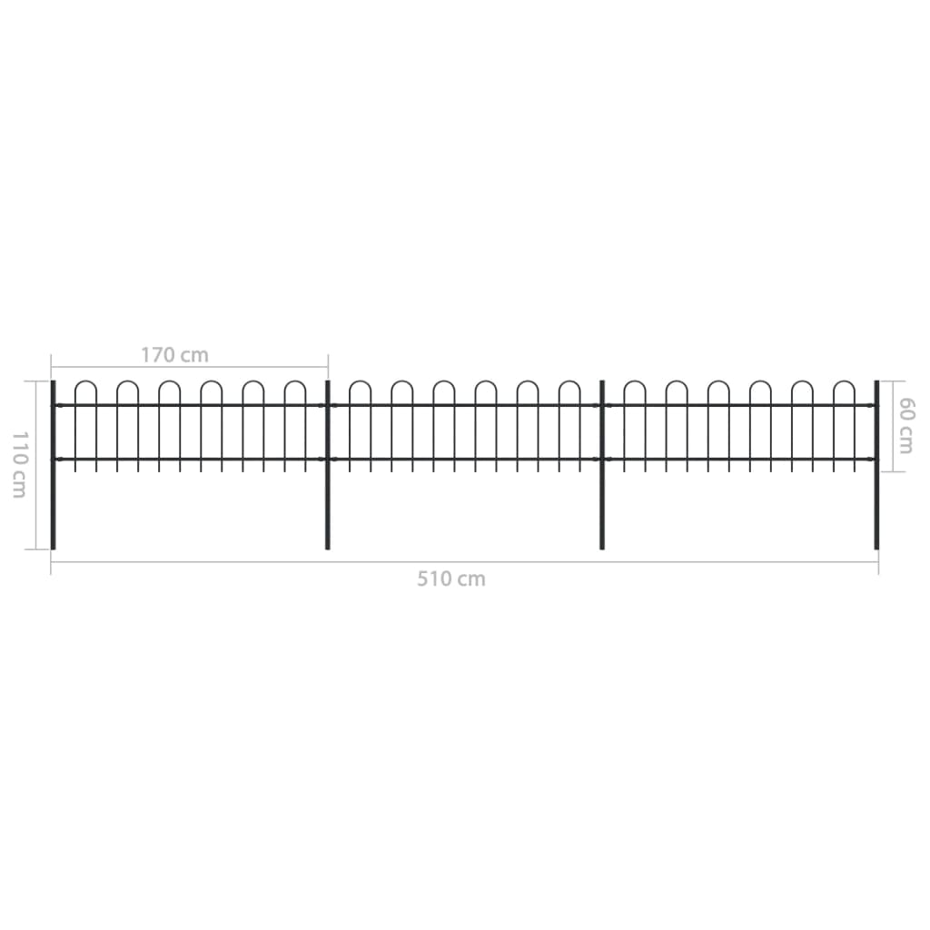 vidaXL Zahradní plot s obloučky ocelový 5,1 x 0,6 m černý