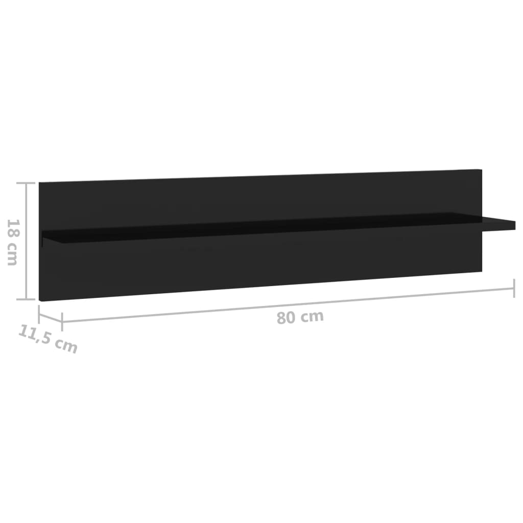 vidaXL Nástěnné police 2ks černé vysoký lesk 80x11,5x18cm dřevotříska