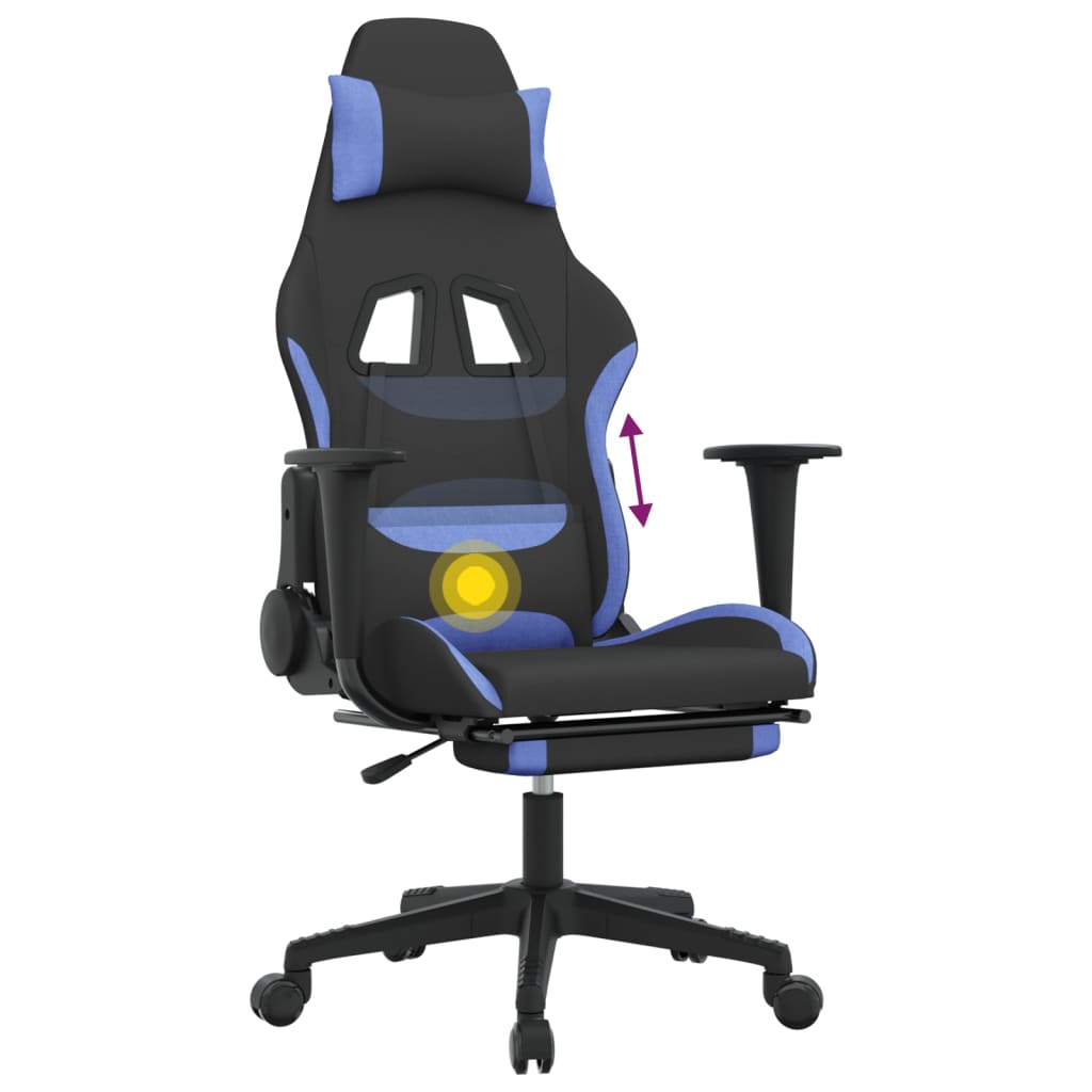 vidaXL Masážní herní židle s podnožkou černá a modrá textil