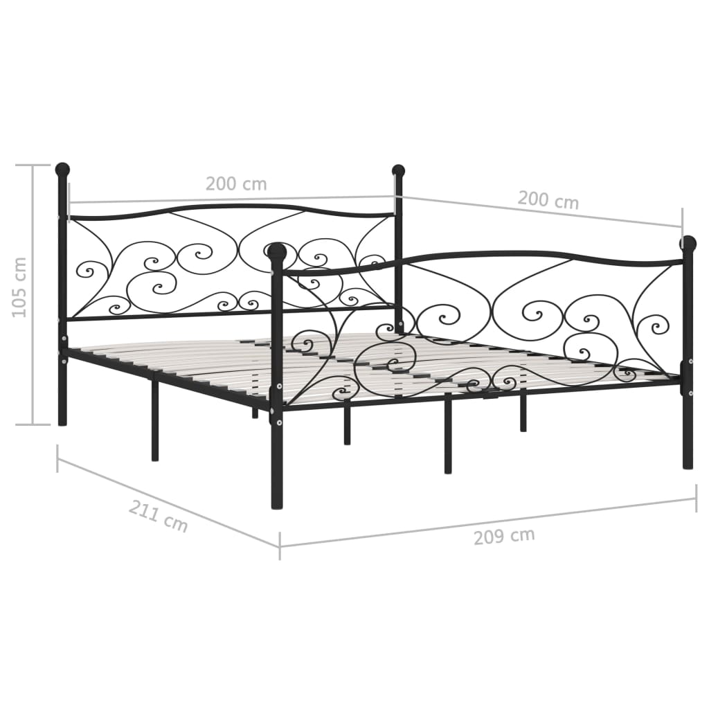 vidaXL Rám postele s laťkovým roštem černý kov 200 x 200 cm