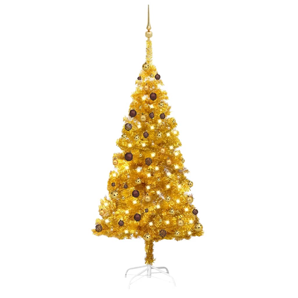 vidaXL Umělý vánoční stromek s LED a sadou koulí zlatý 180 cm PET