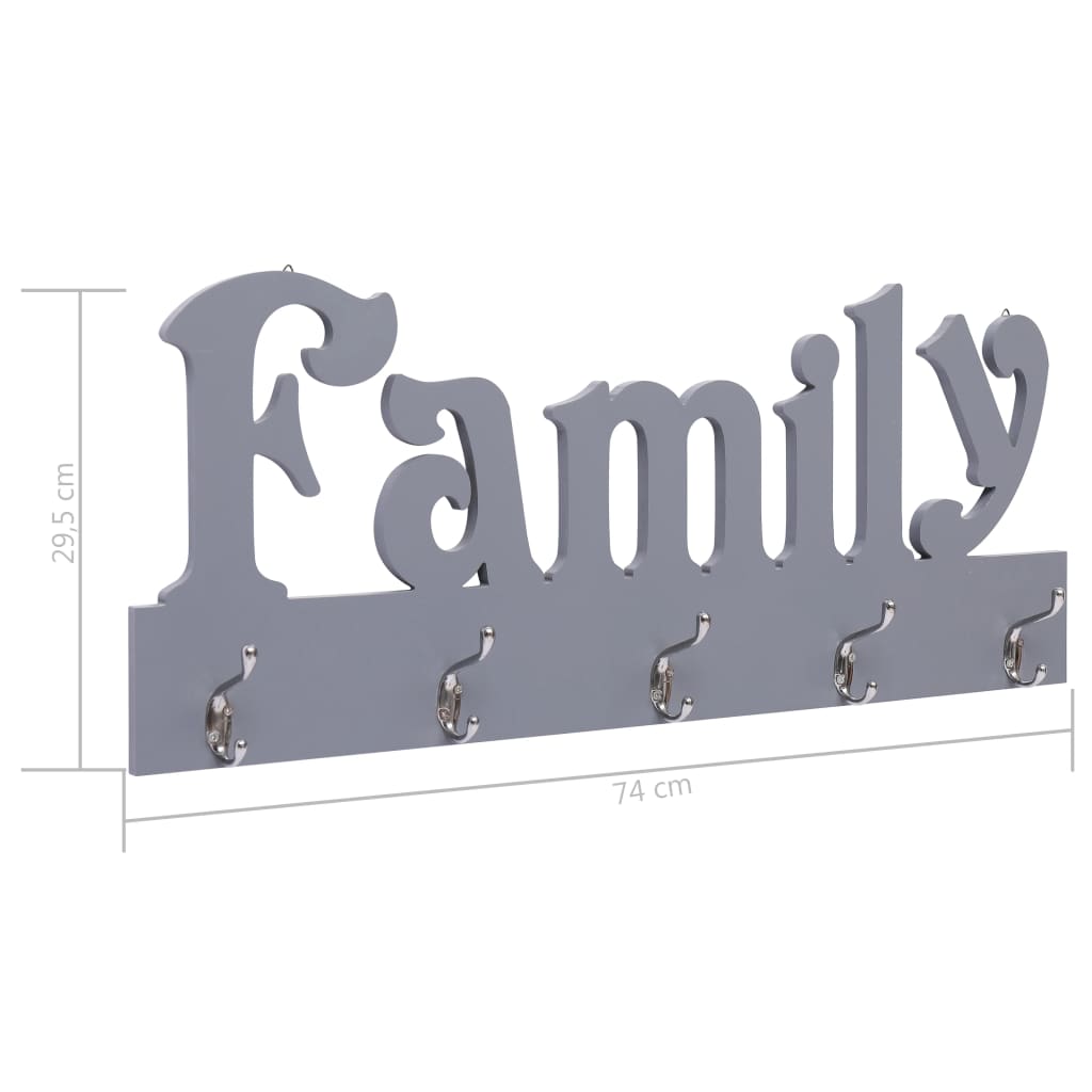 vidaXL Nástěnný věšák FAMILY šedý 74 x 29,5 cm