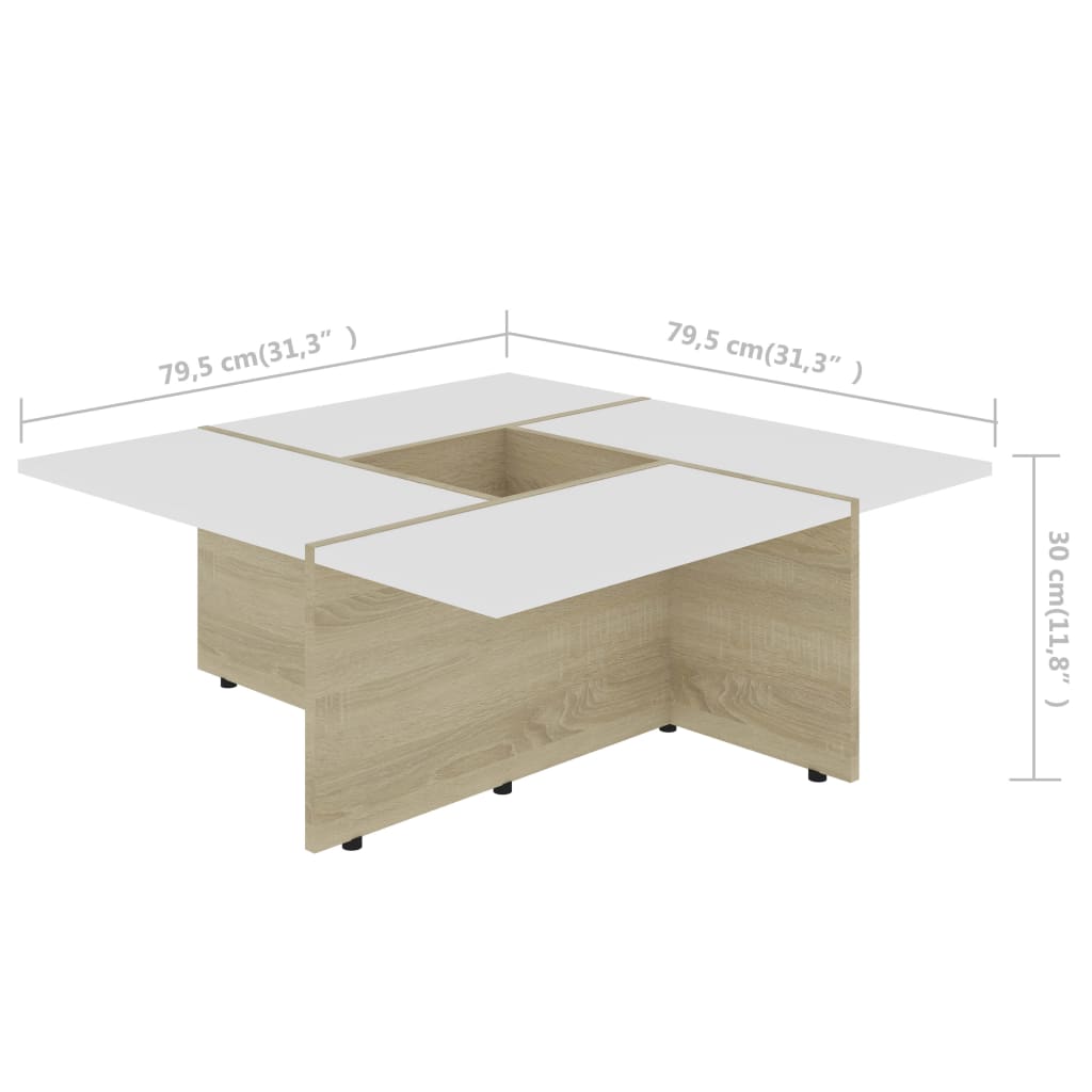 vidaXL Konferenční stolek bílý a dub sonoma 79,5x79,5x30cm dřevotříska