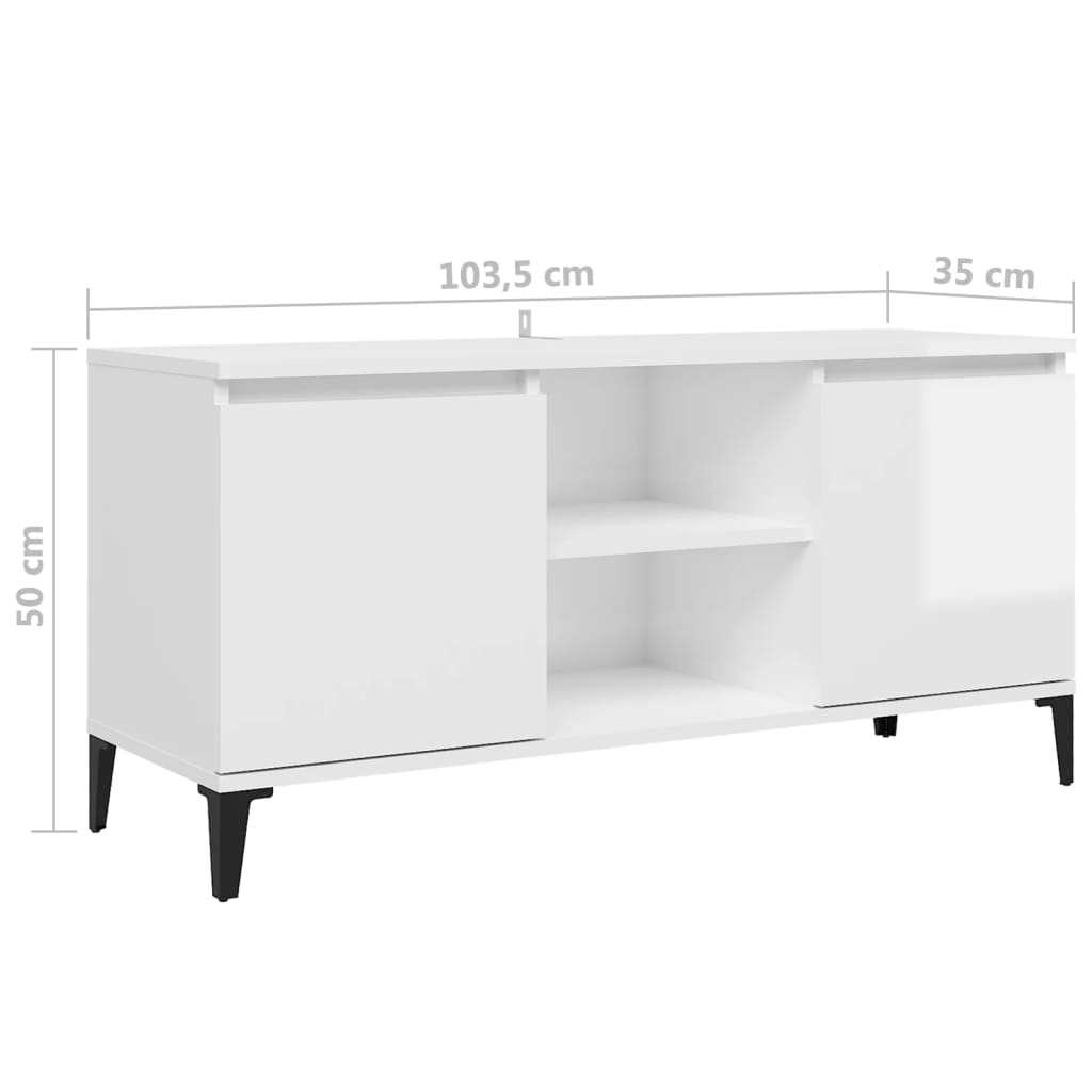 vidaXL TV stolek s kovovými nohami bílý vysoký lesk 103,5 x 35 x 50 cm