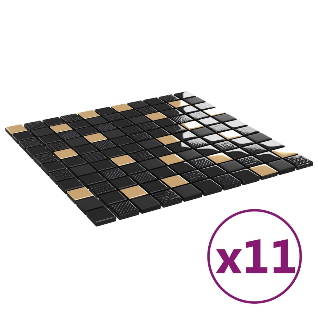 vidaXL Mozaikové dlaždice 11 ks černé a zlaté 30 x 30 cm sklo