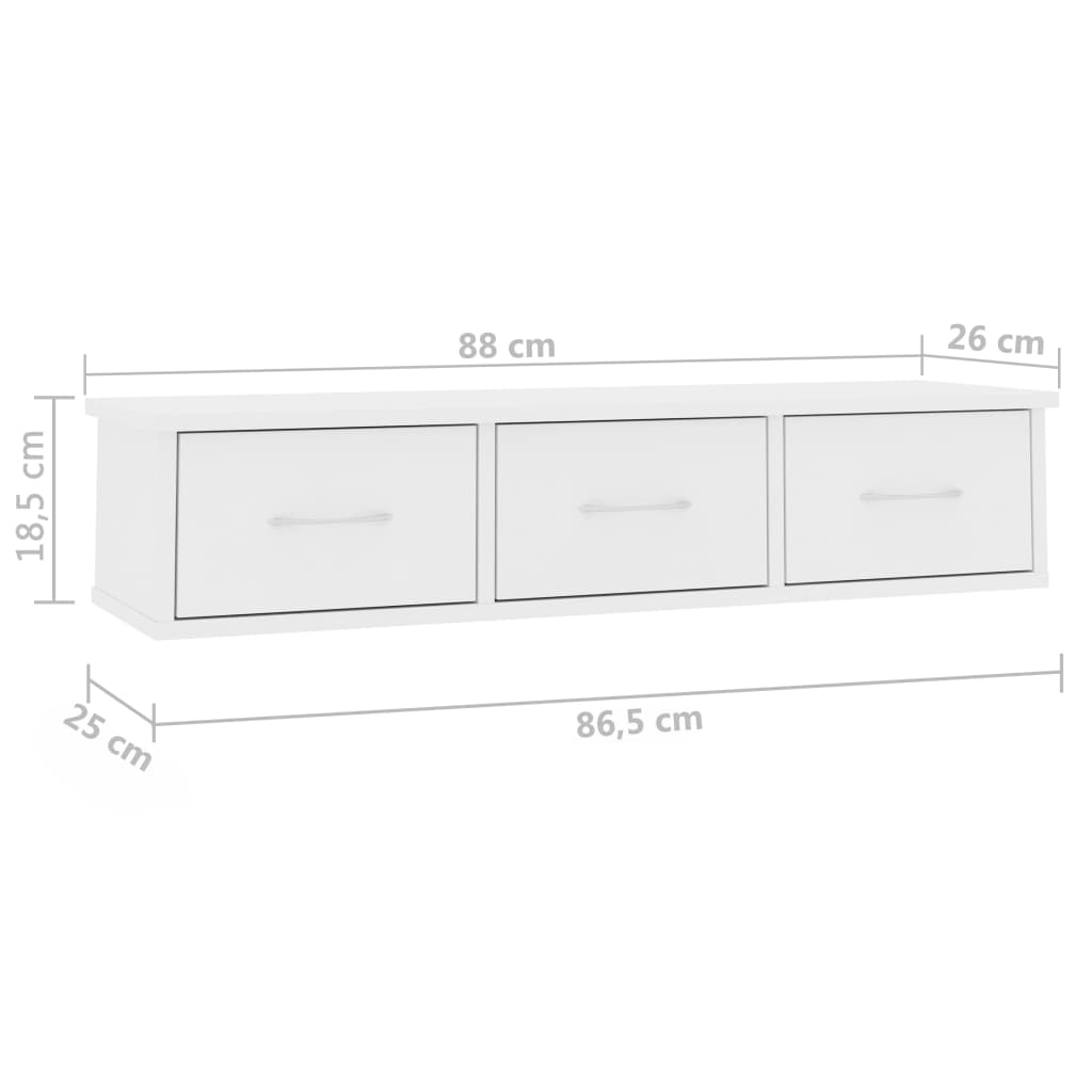 vidaXL Nástěnná police se zásuvkami bílá 88 x 26 x 18,5 cm dřevotříska