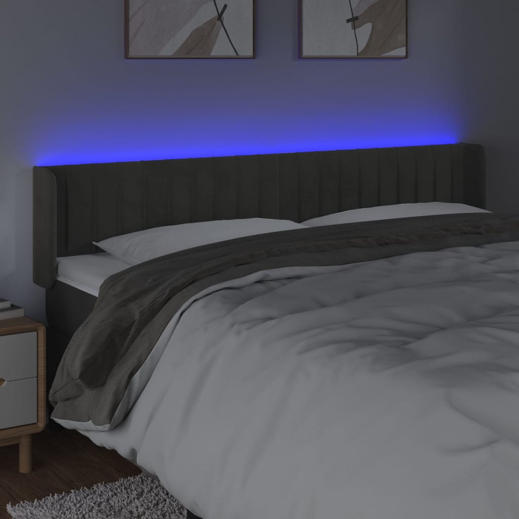 vidaXL Čelo postele s LED tmavě šedé 183 x 16 x 78/88 cm samet