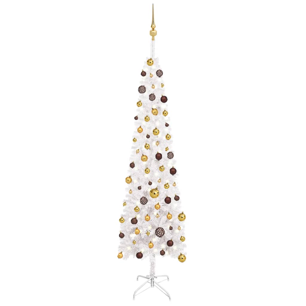 vidaXL Úzký vánoční stromek s LED osvětlením a sadou koulí bílý 210 cm