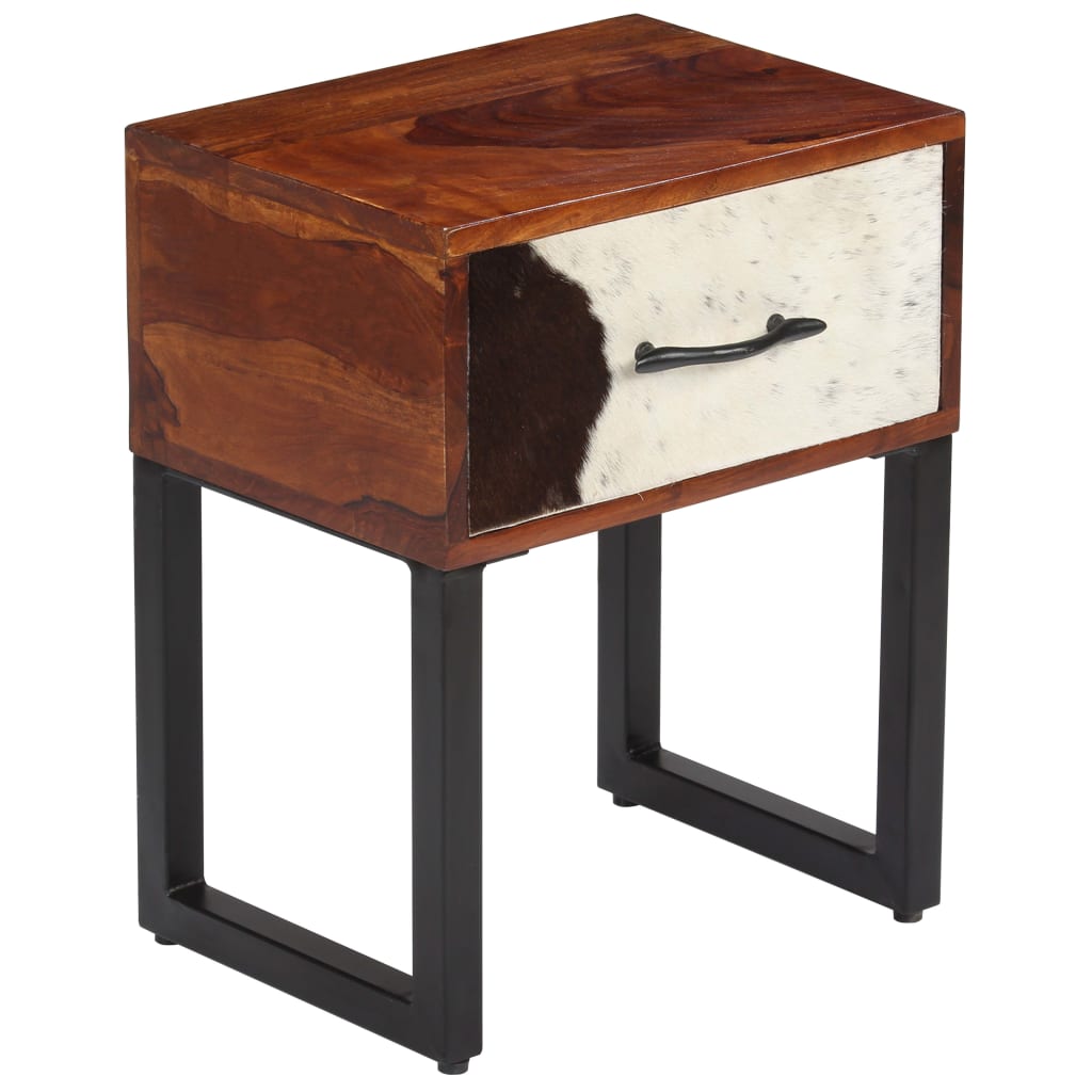 vidaXL Noční stolek z masivního sheeshamu a pravé kůže 40 x 30 x 50 cm