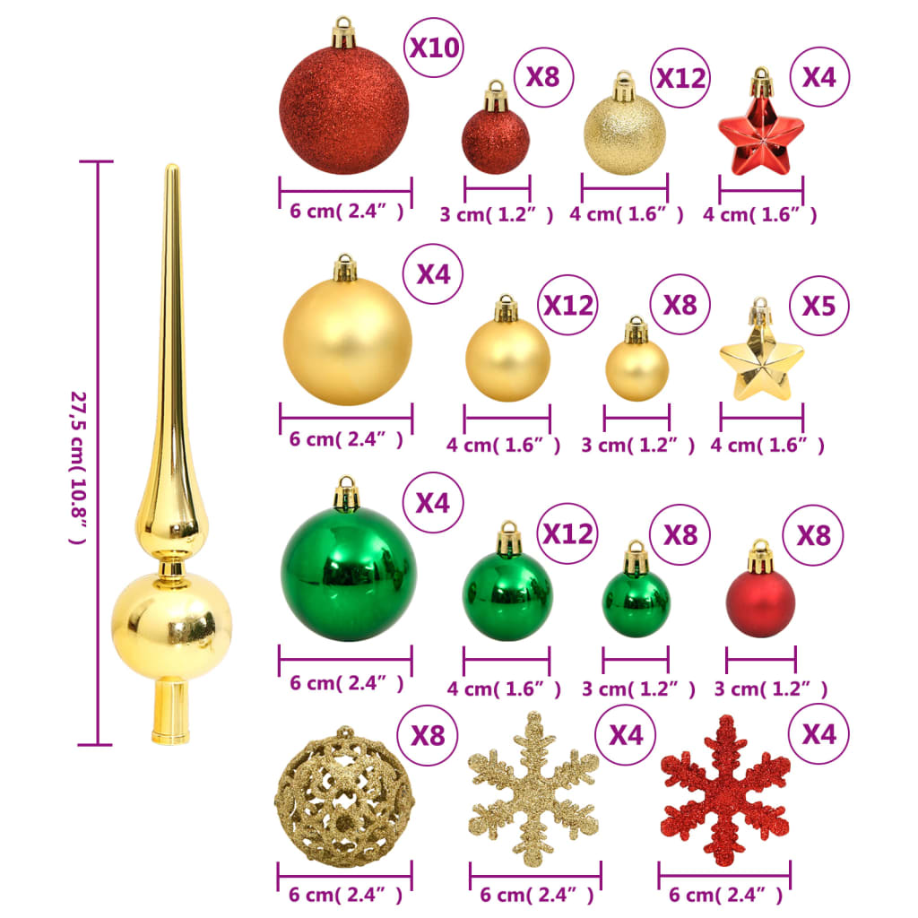 vidaXL 111dílná sada vánočních ozdob červená/zelená/zlatá polystyren