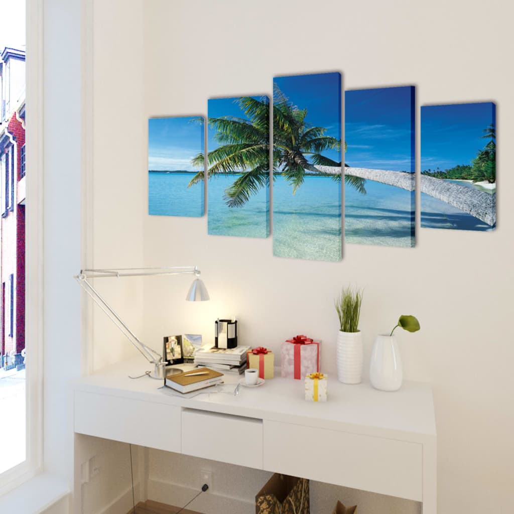 Sada obrazů, tisk na plátně, písečná pláž s palmou, 200 x 100 cm