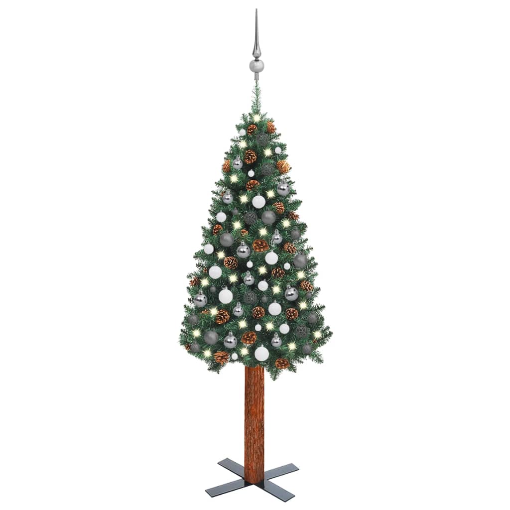 vidaXL Úzký vánoční stromek s LED a sadou koulí zelený 150 cm PVC