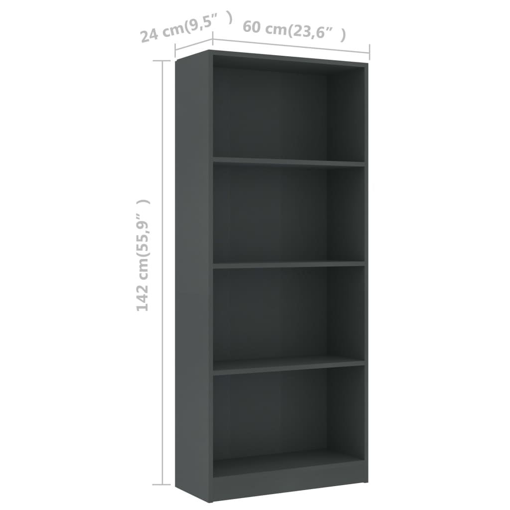 vidaXL Knihovna se 4 policemi šedá 60 x 24 x 142 cm dřevotříska