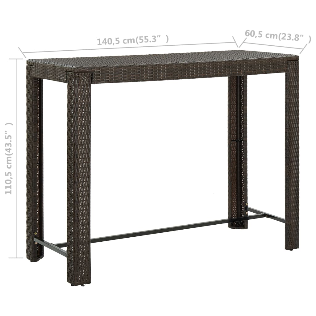 vidaXL Zahradní barový stůl hnědý 140,5 x 60,5 x 110,5 cm polyratan
