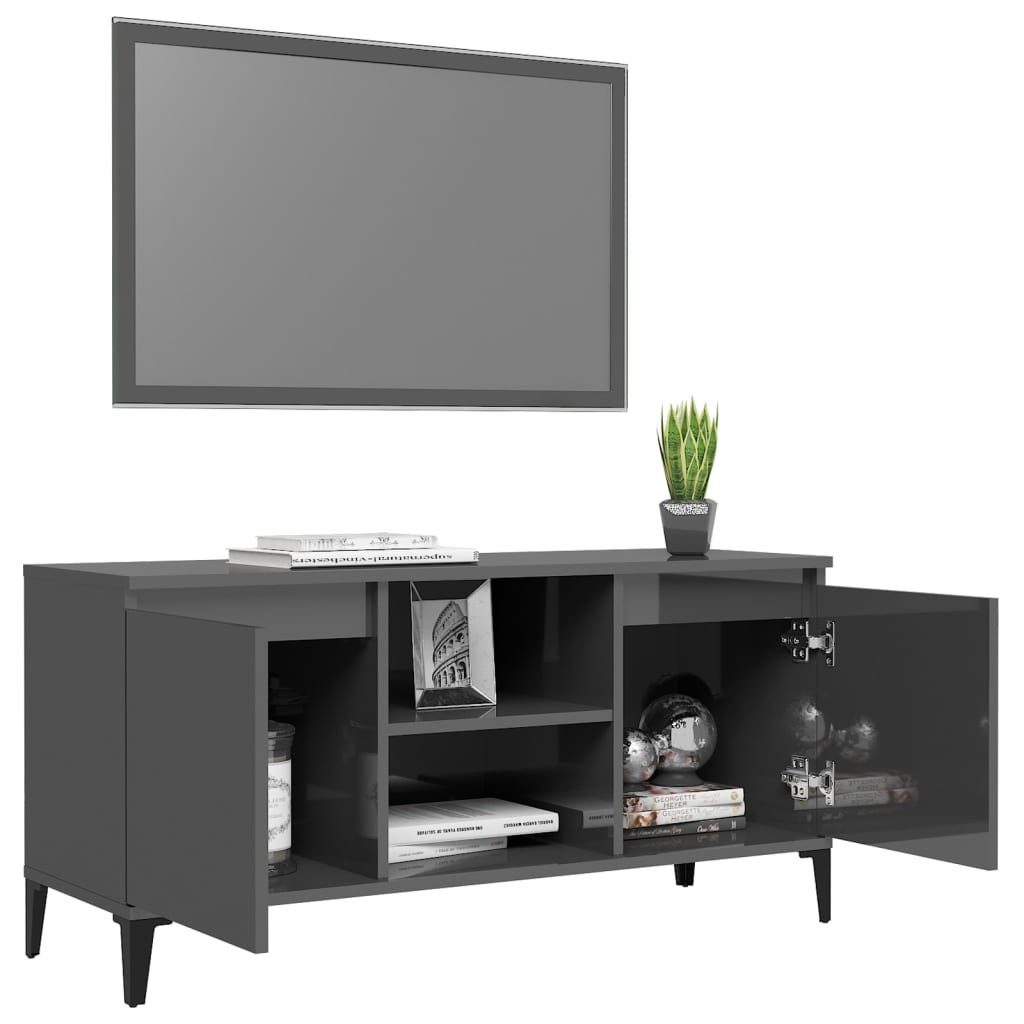 vidaXL TV stolek s kovovými nohami šedý vysoký lesk 103,5 x 35 x 50 cm
