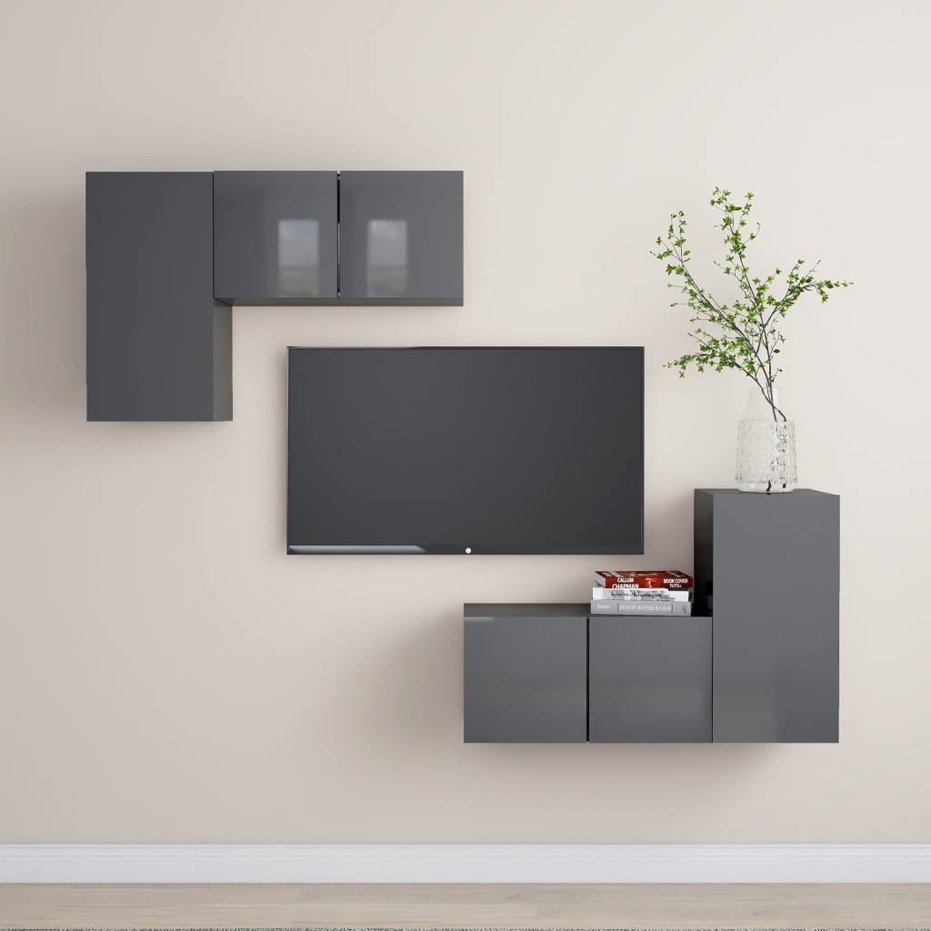 vidaXL 4dílný set TV skříněk šedý s vysokým leskem dřevotříska