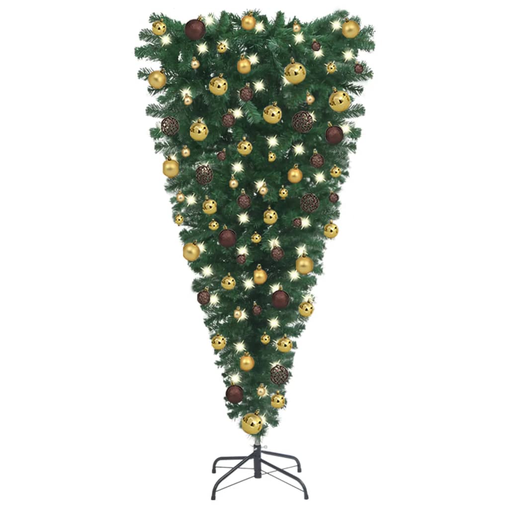 vidaXL Obrácený umělý vánoční stromek s LED a sadou koulí 150 cm