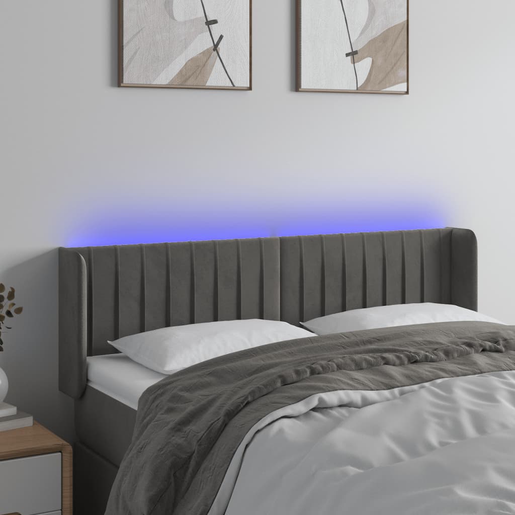 vidaXL Čelo postele s LED tmavě šedé 147 x 16 x 78/88 cm samet