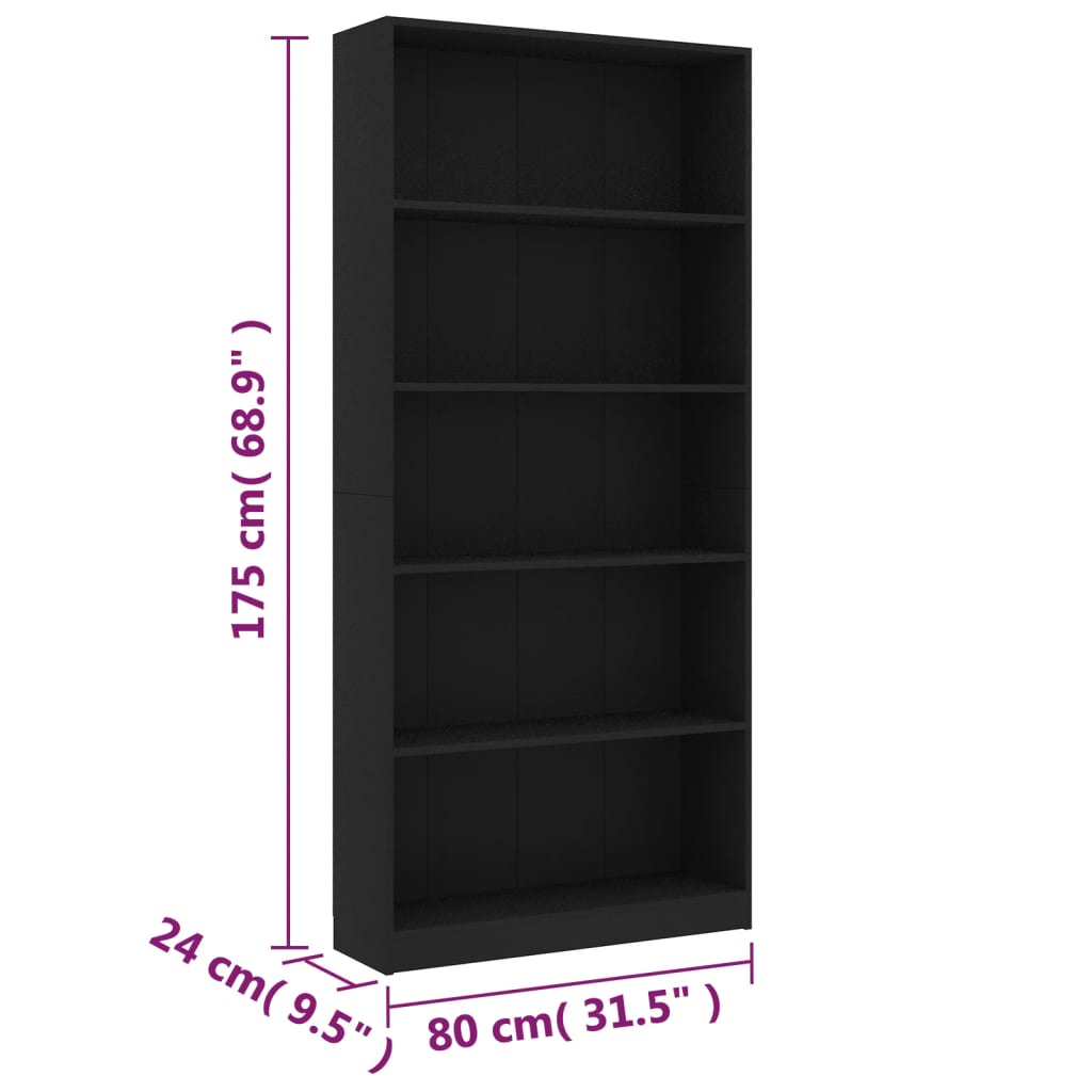 vidaXL Knihovna s 5 policemi černá 80 x 24 x 175 cm dřevotříska