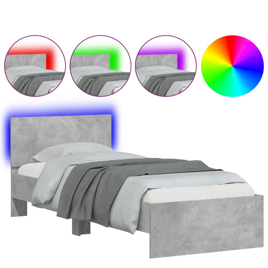 vidaXL Rám postele s čelem a LED osvětlením betonově šedý 75 x 190 cm