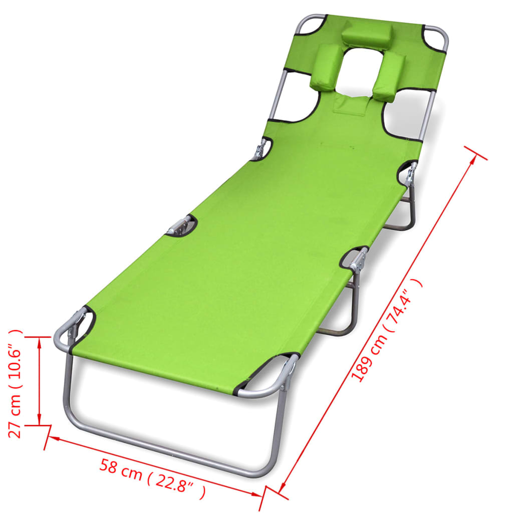 vidaXL Skládací opalovací lehátko s podhlavníky práškovaná ocel zelené