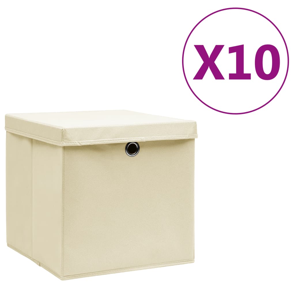 vidaXL Úložné boxy s víky 10 ks 28 x 28 x 28 cm krémové