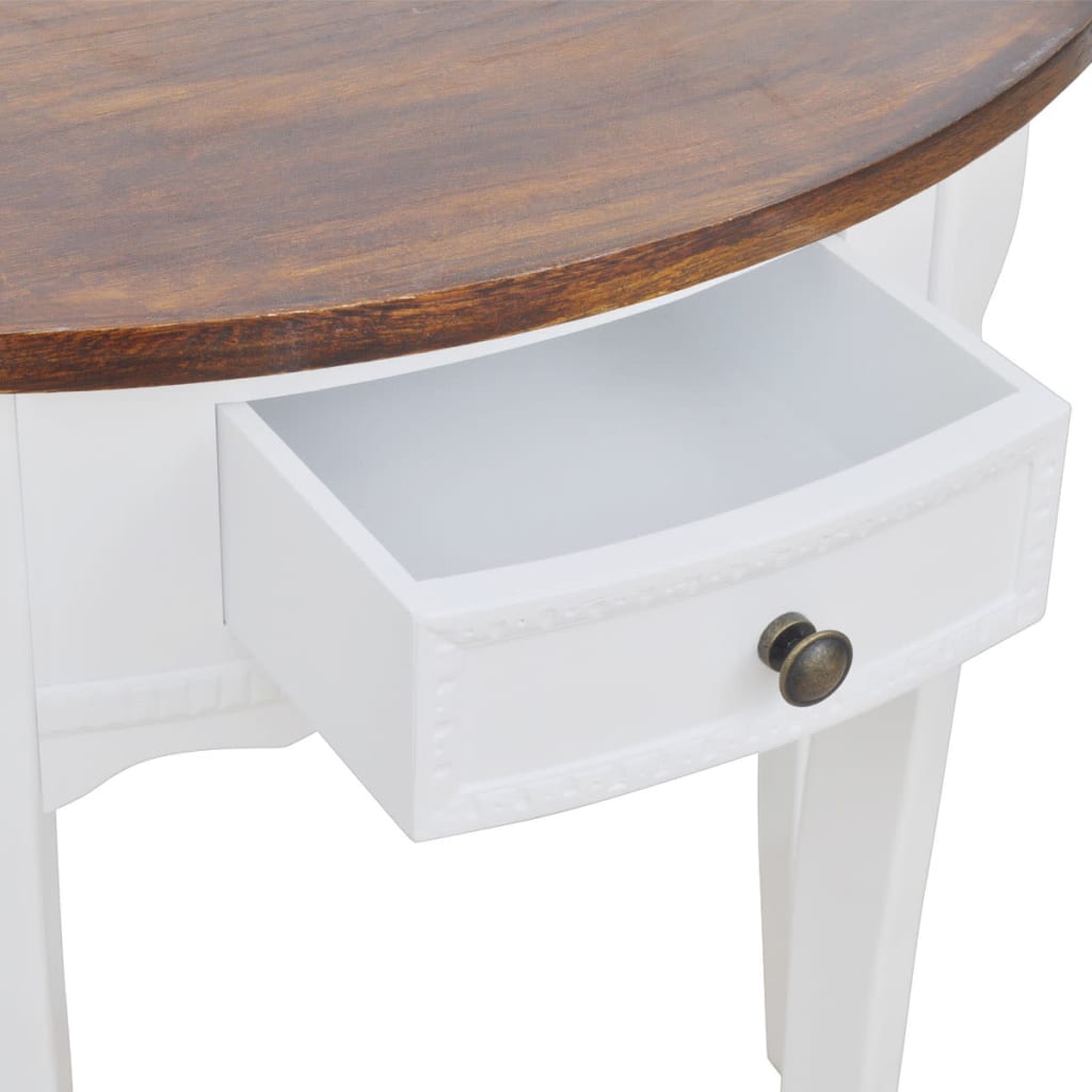 Bílý půlkruhový konzolový stolek se zásuvkou a hnědou deskou